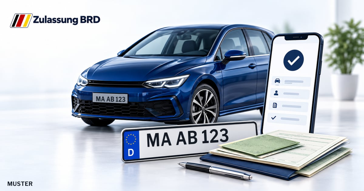 Online Fahrzeugzulassung in Mannheim: Musterkennzeichen MA AB 123, Auto und Fahrzeugpapiere und Smartphone. Illustration mit Logo von Zulassung BRD.